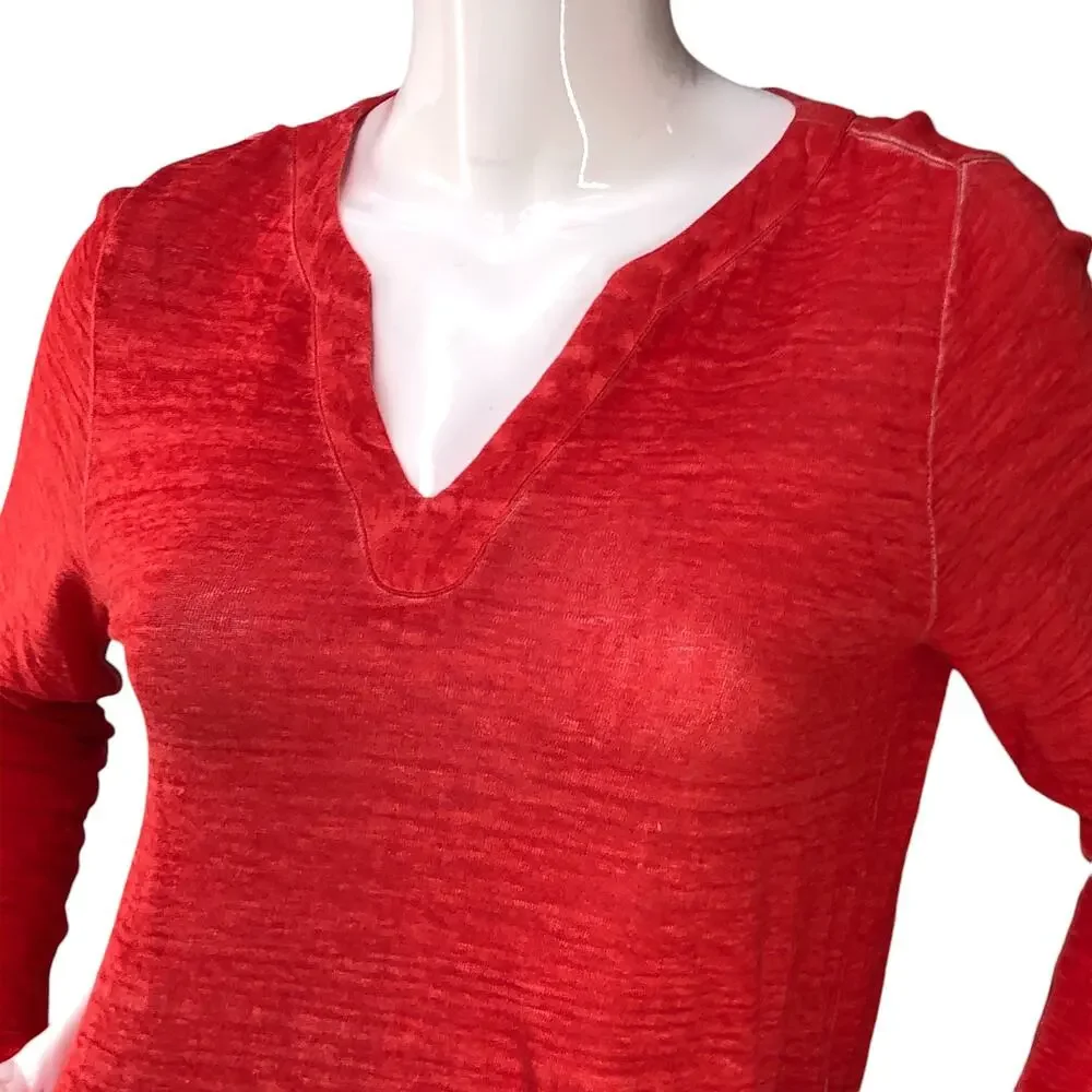 Chicos Womens Size 0 US S Linen Slplit Neck Tunic Top Soft Knit Garment Dyed Red